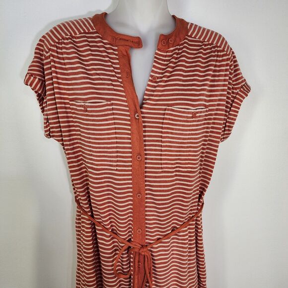 Fossil Womens Mini Dress Small Button Up Orange Striped Tie Waist Short Sleeve - Picture 3 of 9